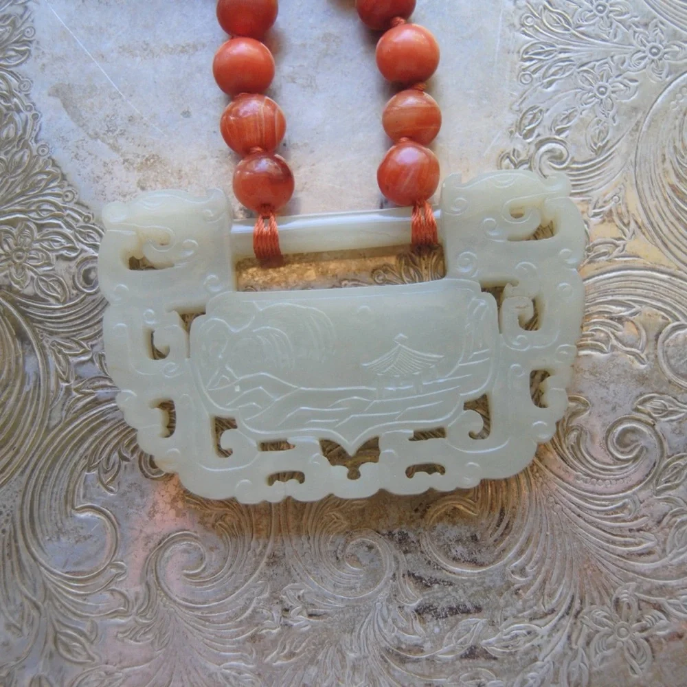 Antique Estate Jade & Coral Necklace - Picture 4 of 6